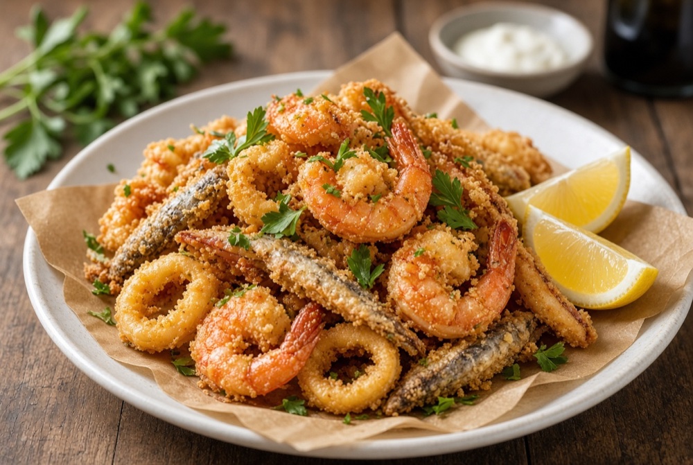 Golden mixed fried Adriatic seafood with lemon