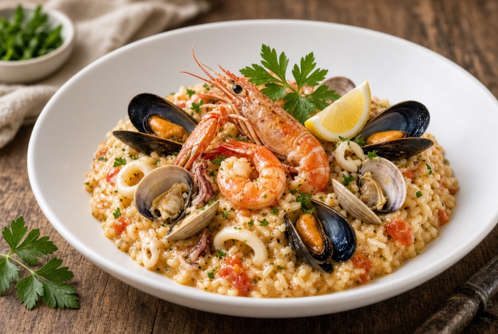 Creamy mixed seafood risotto with prawns, mussels and clams