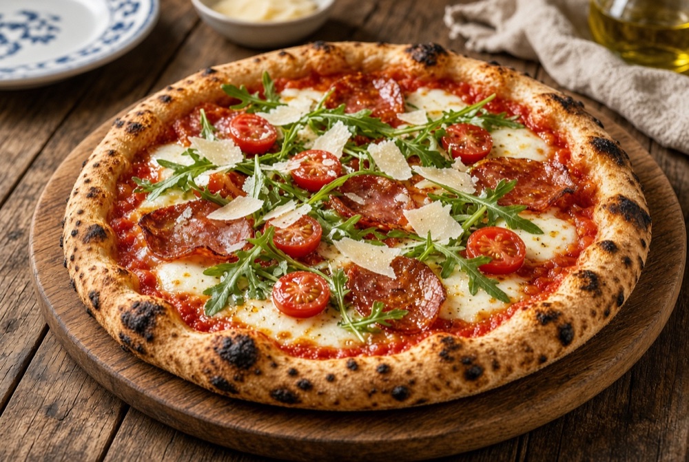 Pizza Gigi with rocket, Grana, cherry tomatoes and spicy salami