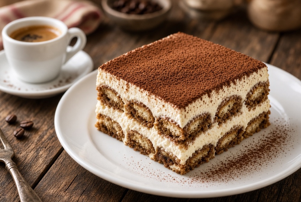 House-made tiramisù dusted with cocoa