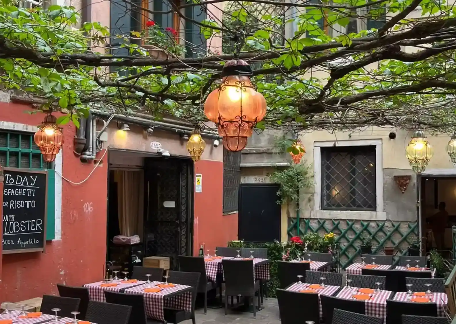 Garden tables beneath vines and glowing lanterns at Trattoria Da Gigi